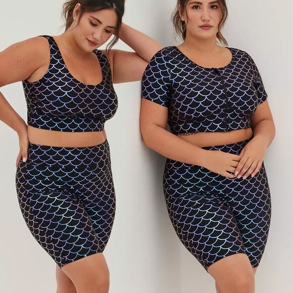 Torrid 2X Mermaid Scale Swim Set: Short Sleeve Top, Sleeveless Top, Bike Short - Picture 1 of 13